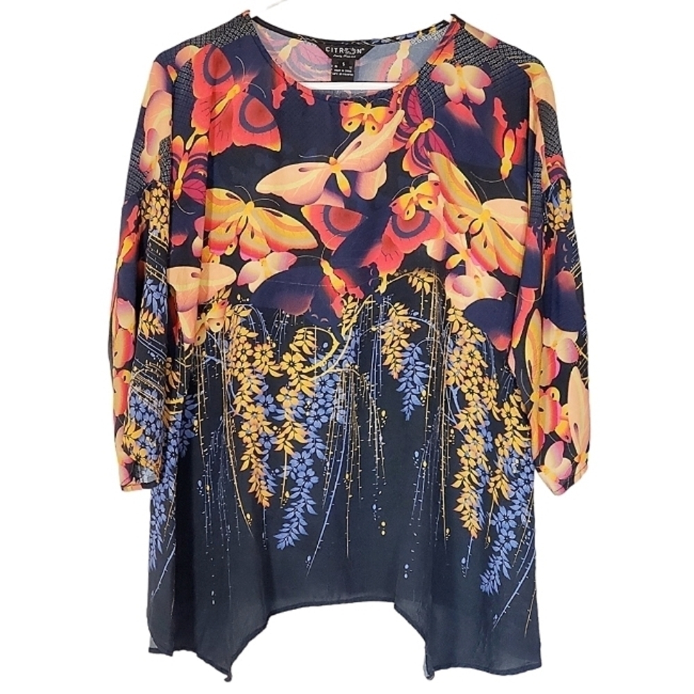 Citron Santa Monica Silk Butterfly Print Blouse Navy Blue Red Yellow Size S